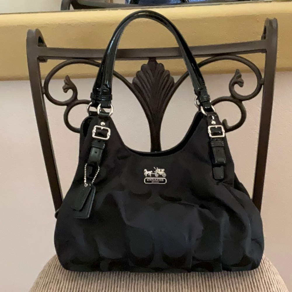 Coach Signature Madison Black Jacquard Patent Leather Jacquard Silver Tone Metal